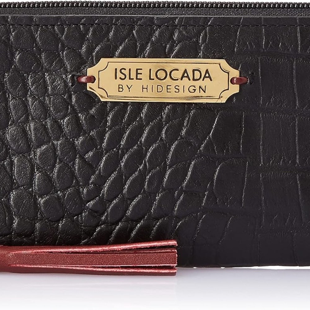 Isle Locada by Hidesign Black & Brown Leather Faux Croc  Zipper Wallet